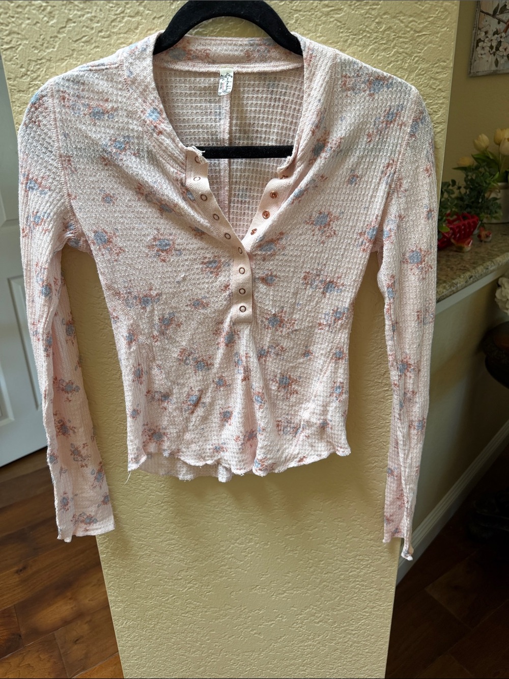 Free People Blush Pink Floral Waffle Henley Long Sleeve Top